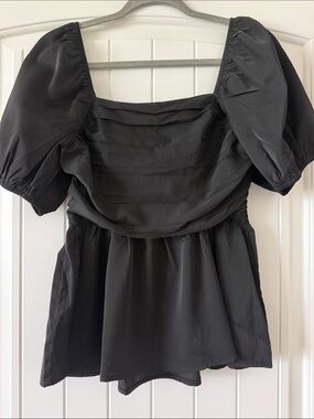 Black Puff Sleeve Square Neck Peplum Top